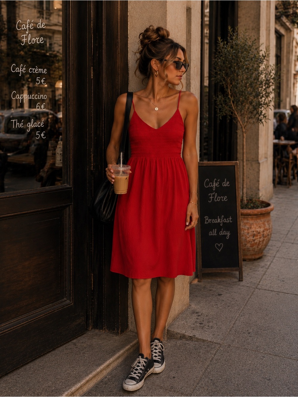 Women’s Red V-Neck Midi Sundress with Spaghetti Straps